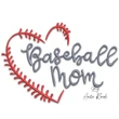 Baseball Mom heart machine embroidery design with gray script lettering and red baseball stitch heart outline
