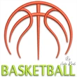 Basketball outline machine embroidery design with orange basketball graphic and green BASKETBALL lettering