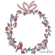 Christmas bird wreath frame embroidery design with berries and bow