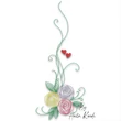 Colorful roses floral corner machine embroidery design with yellow, lavender and pink outline roses, green swirling vines and red hearts