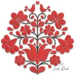 Hungarian folk art floral machine embroidery design with red flowers, decorative tulip, two birds and symmetrical traditional ornament