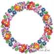 Kalocsa colorful floral wreath machine embroidery design with vibrant red pink purple and blue flowers, yellow centers and green leaves