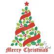 Merry Christmas holly tree embroidery design with ribbon and berries