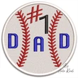Number one baseball dad machine embroidery design with white baseball, red stitching and blue DAD lettering