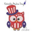 Patriotic owl machine embroidery design featuring cute red white and blue owl wearing Uncle Sam hat with American stars and stripes