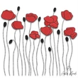 Red poppy field machine embroidery design featuring bright red flowers with black outlines, delicate stems and flower buds