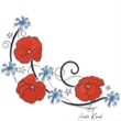 Red poppy floral corner machine embroidery design featuring three red poppies, blue wildflowers, black swirling vines and decorative stars
