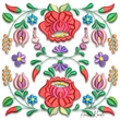 Traditional Hungarian Kalocsa floral ornament machine embroidery design featuring symmetrical red, pink, purple and blue folk flowers with green leaves