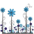 Whimsical blue flower garden machine embroidery design with five blue daisies, decorative swirls and purple turquoise circles