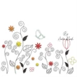 Whimsical wildflower meadow machine embroidery design with colorful star-shaped flowers, spiral stems, delicate leaves and butterfly