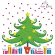 Colorful Christmas tree embroidery pattern with golden stars and pink snow