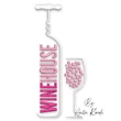 Wine house machine embroidery design featuring pink vertical lettering, white corkscrew and decorative wine glass