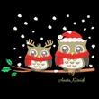 Christmas owls on branch machine embroidery design with Santa hat and snow