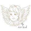 Golden outline angel face embroidery design with wings