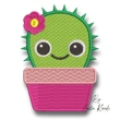 Cute smiling green cactus machine embroidery design with pink flower, big eyes and bright pink flowerpot
