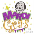 Mardi Gras Snoopy embroidery design with colorful carnival lettering, confetti and fleur-de-lis symbol