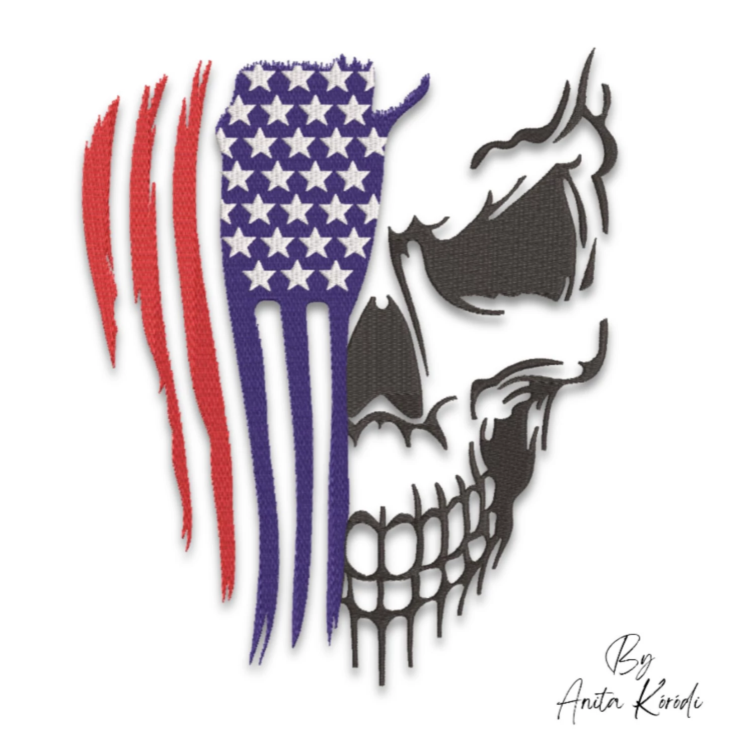 American flag skull machine embroidery design with distressed red stripes, blue stars and detailed black skull