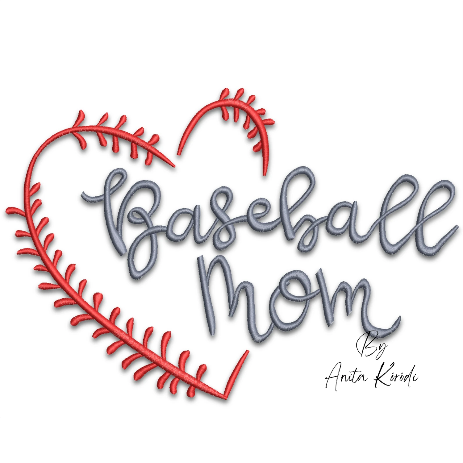 Baseball Mom heart machine embroidery design with gray script lettering and red baseball stitch heart outline