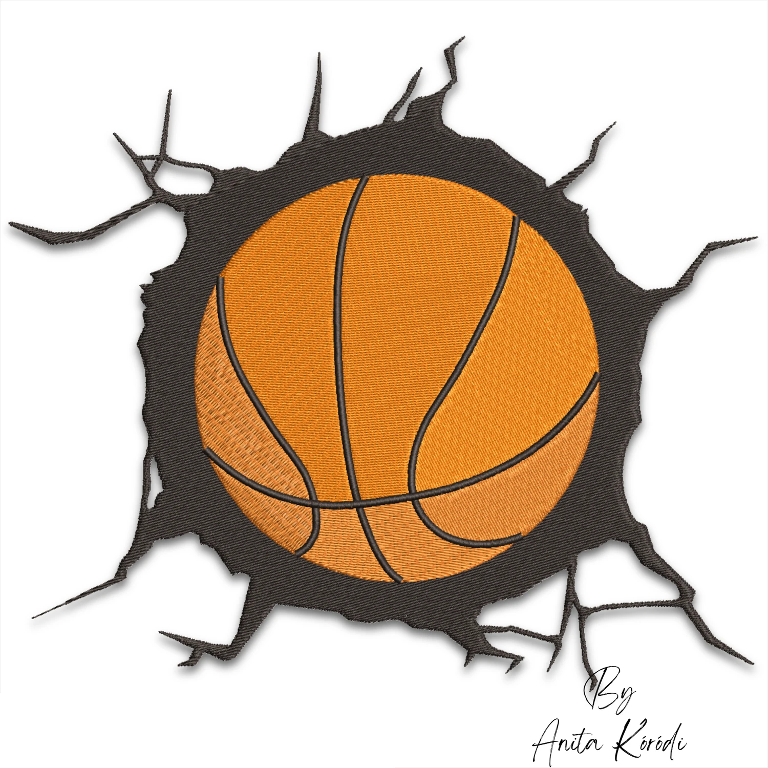 Basketball breaking through cracked black wall machine embroidery design with orange basketball
