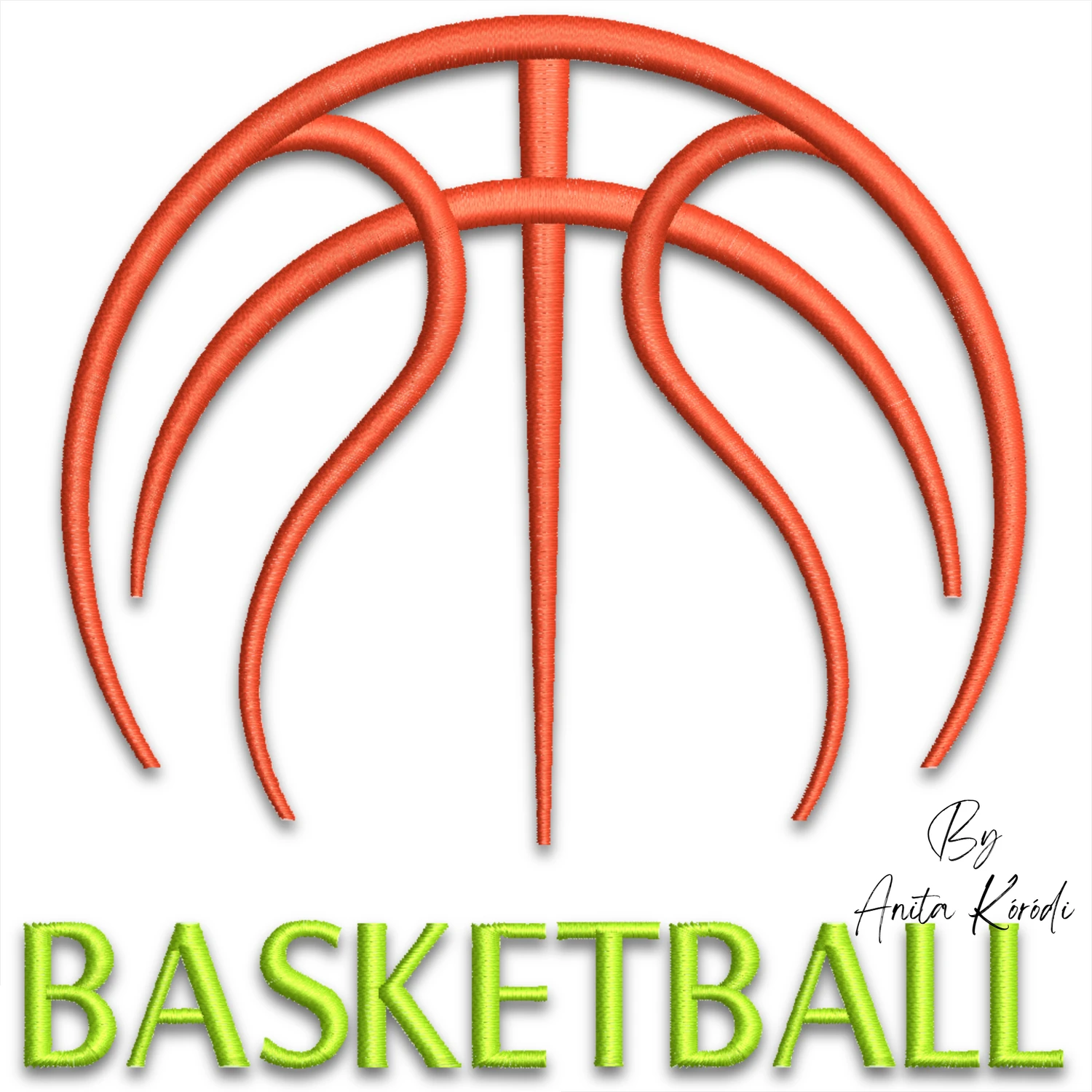 Basketball outline machine embroidery design with orange basketball graphic and green BASKETBALL lettering