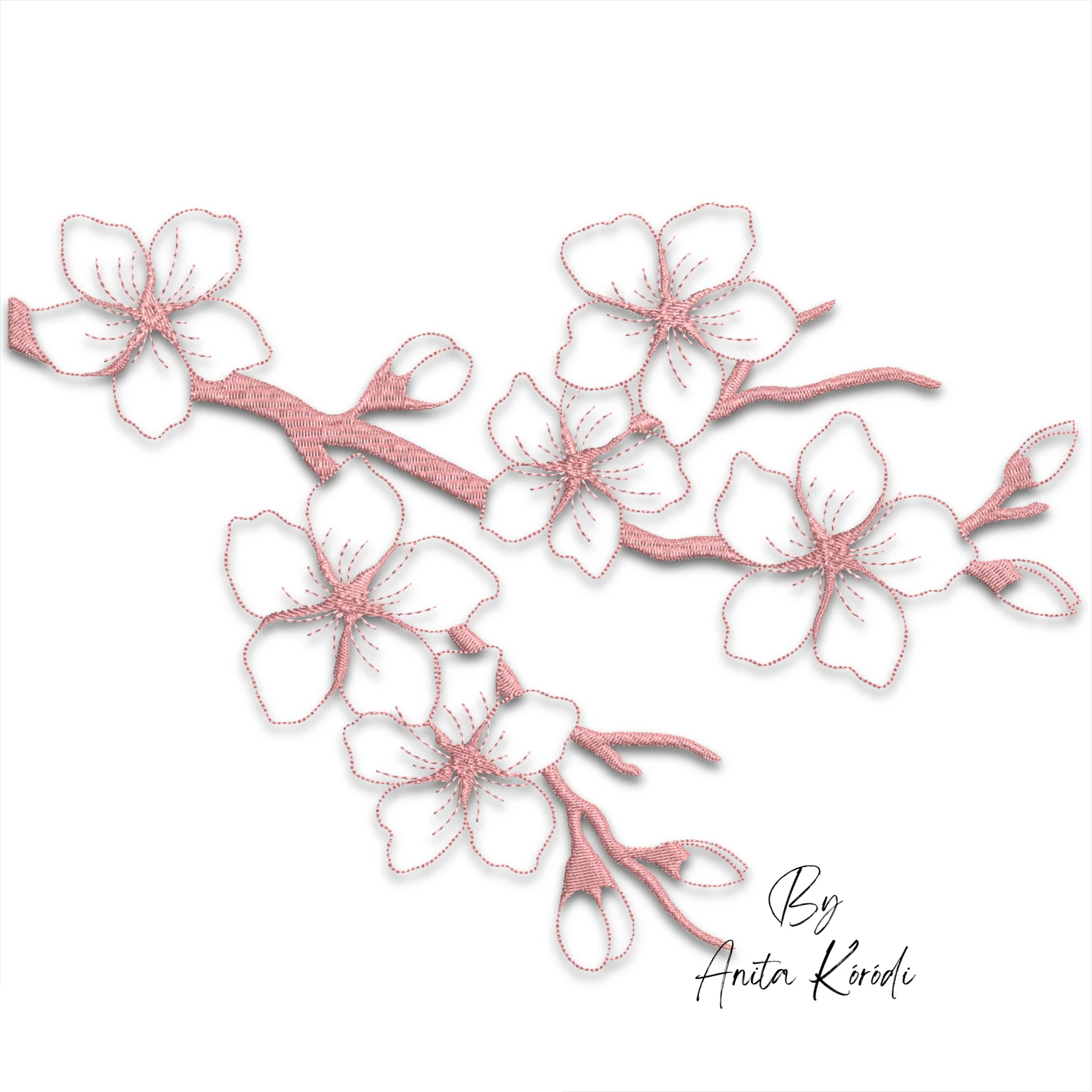 Cherry blossom branch machine embroidery design featuring delicate pink sakura flowers, elegant branches and unopened buds