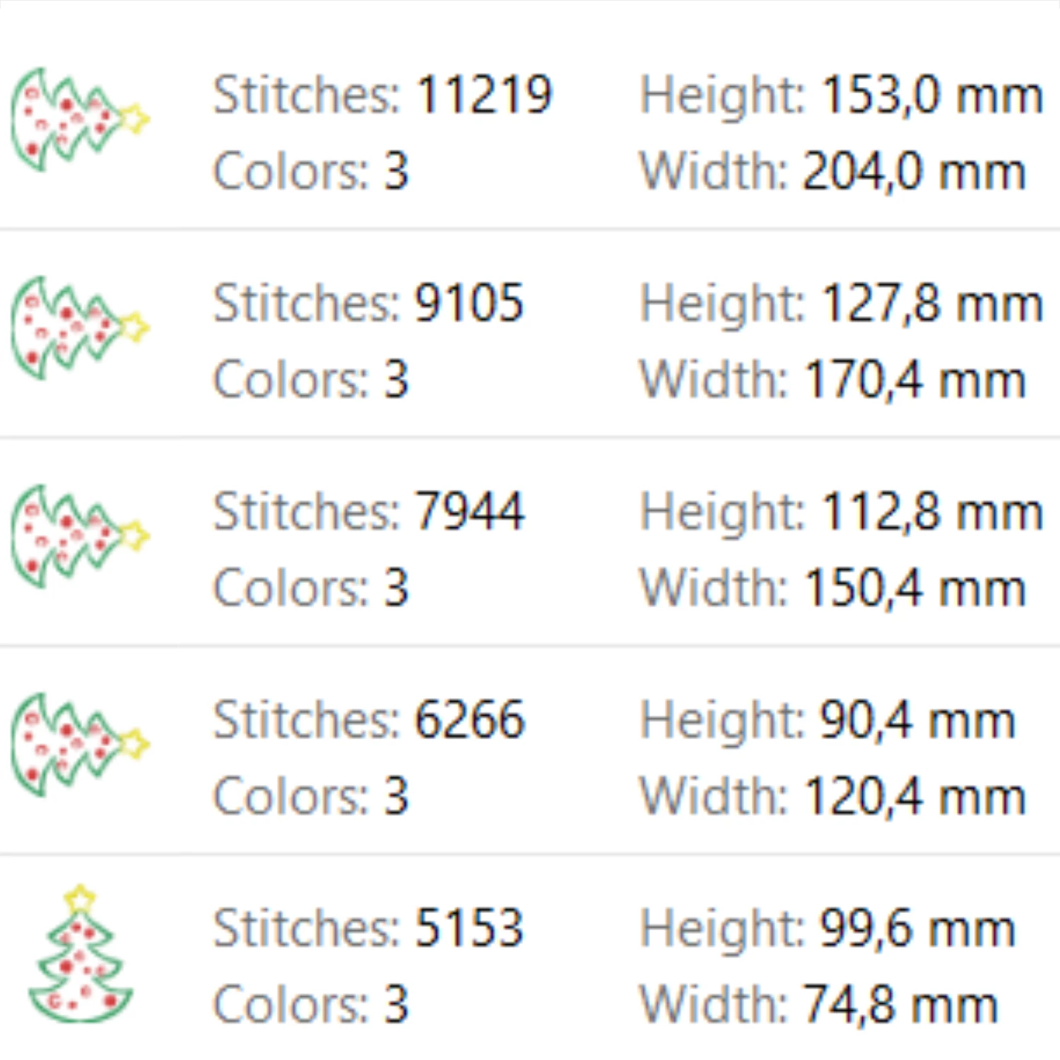 Green Christmas tree embroidery design with red ornaments and yellow star