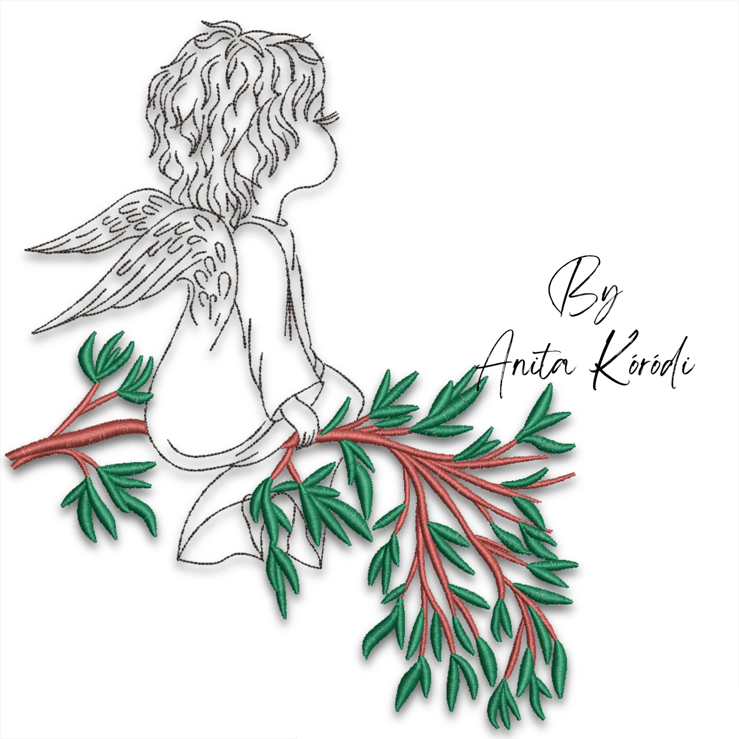 Christmas angel with evergreen branch embroidery design