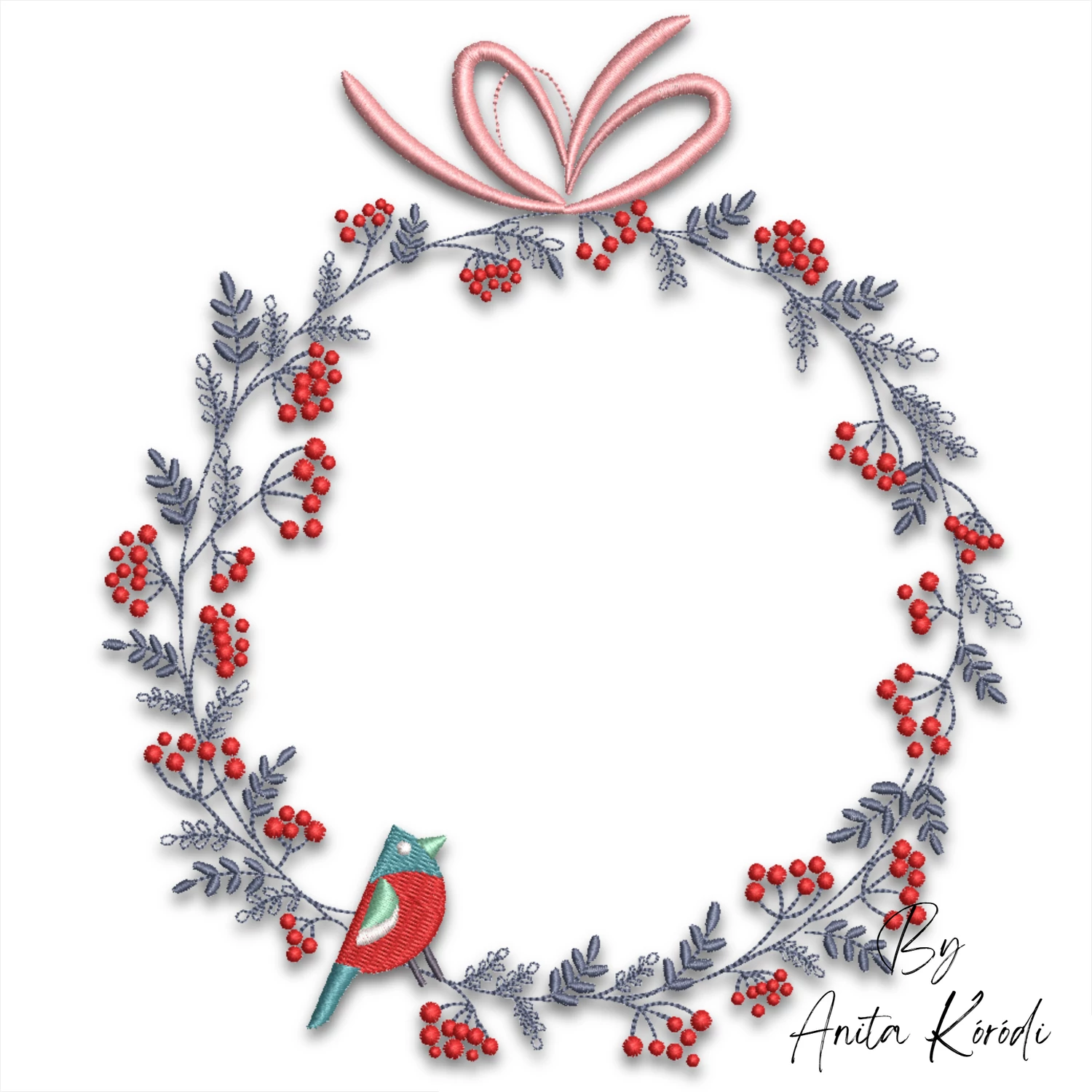 Christmas bird wreath frame embroidery design with berries and bow
