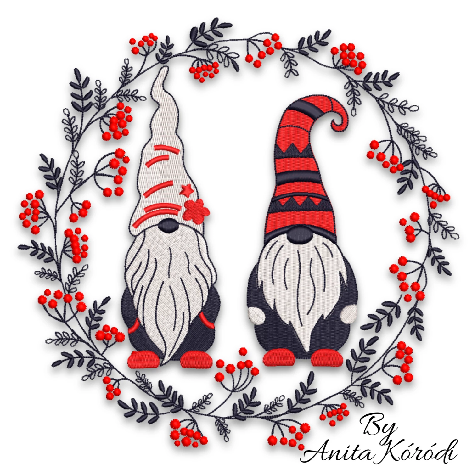 Christmas gnome couple wreath machine embroidery design