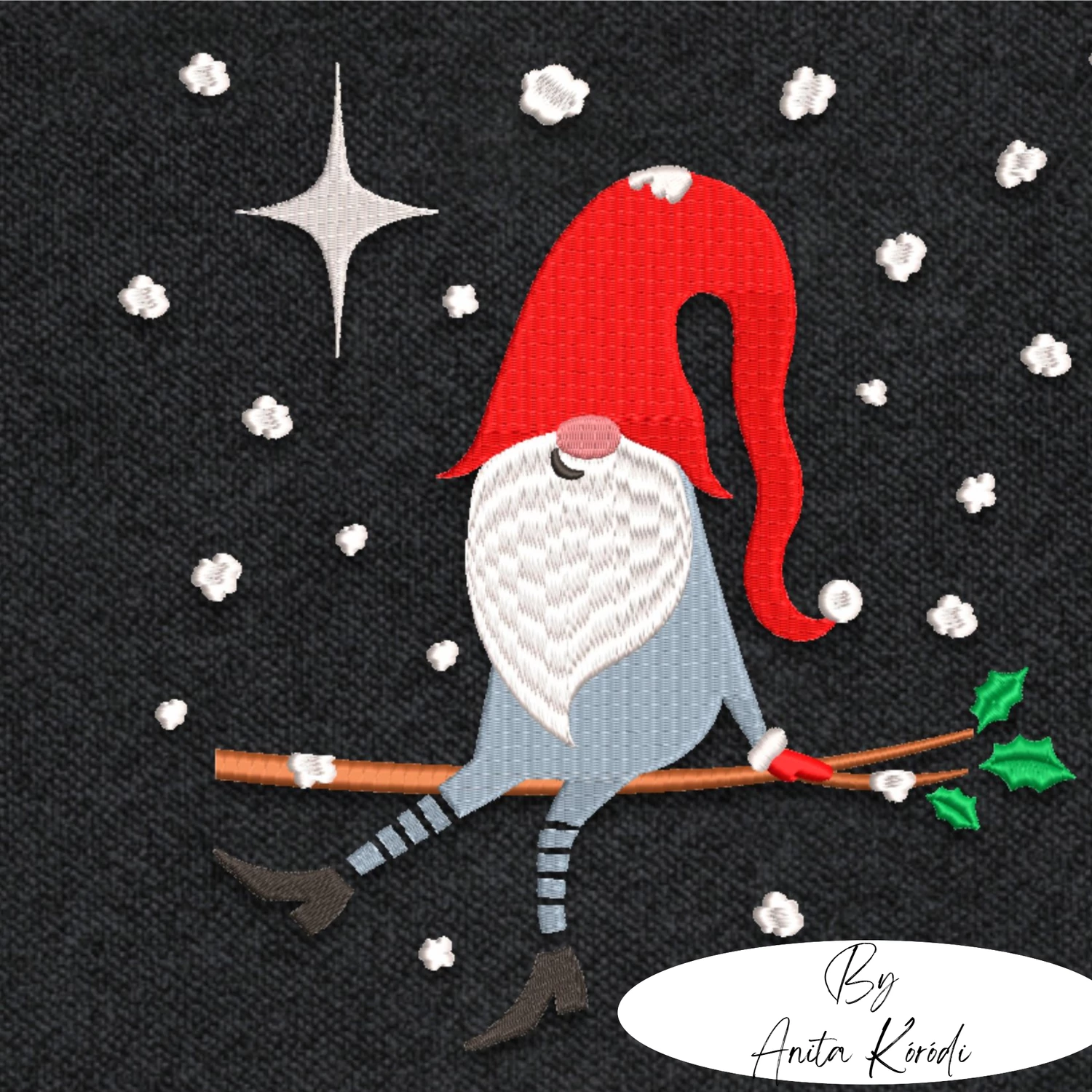 Christmas gnome sitting on a branch in falling snow embroidery design