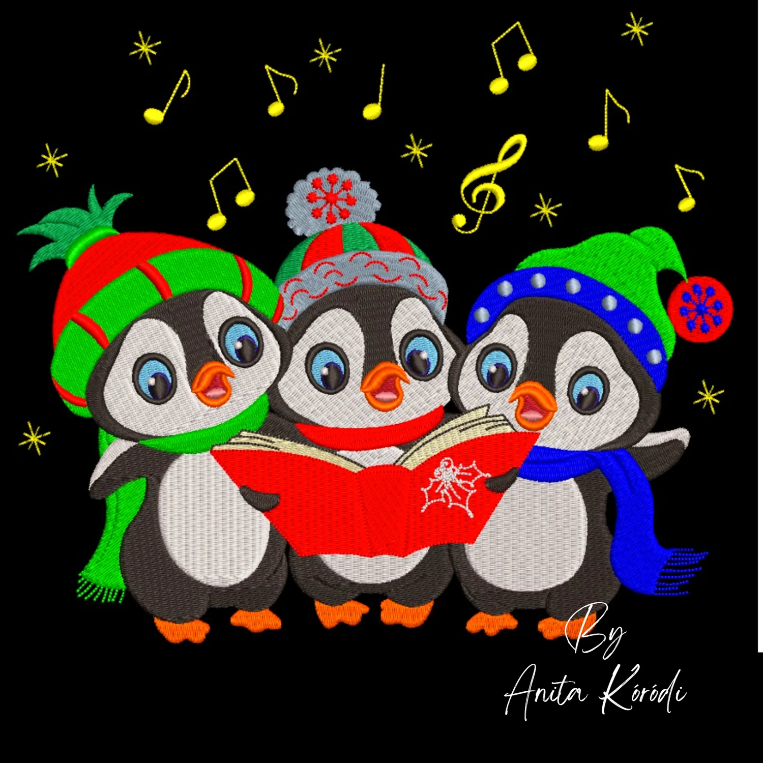 Christmas caroling penguins machine embroidery design
