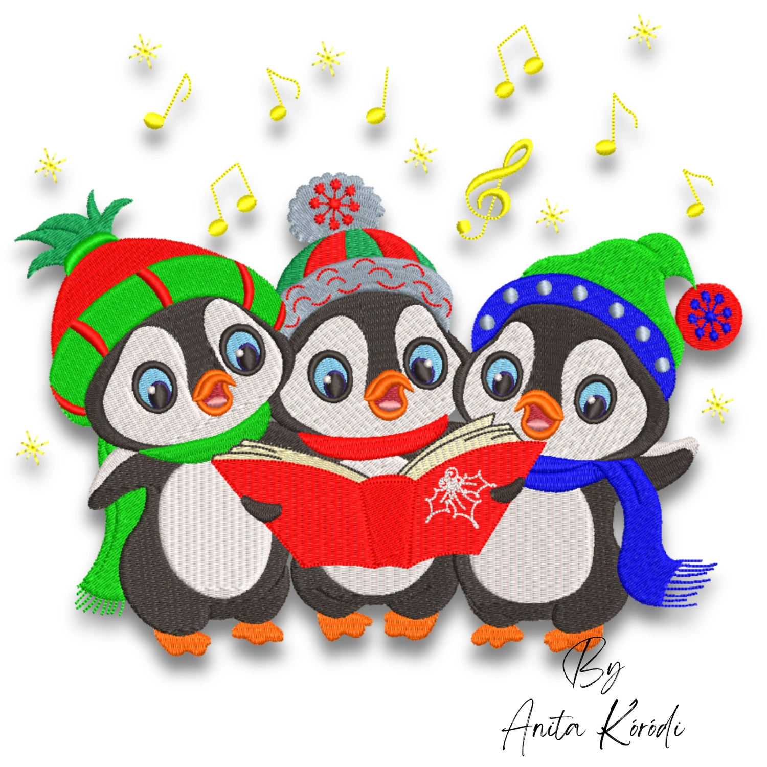 Three singing penguins Christmas embroidery design