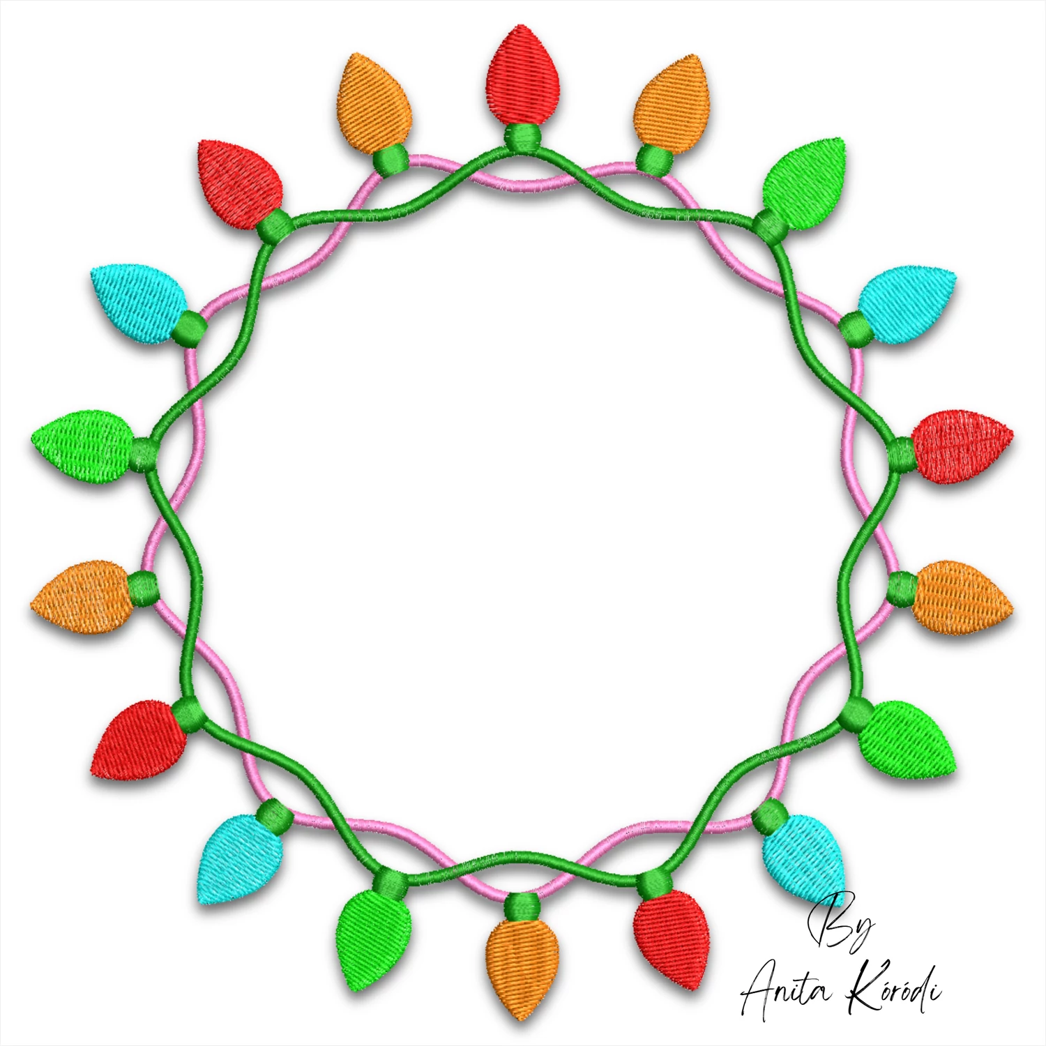 Christmas lights frame machine embroidery design with colorful bulbs