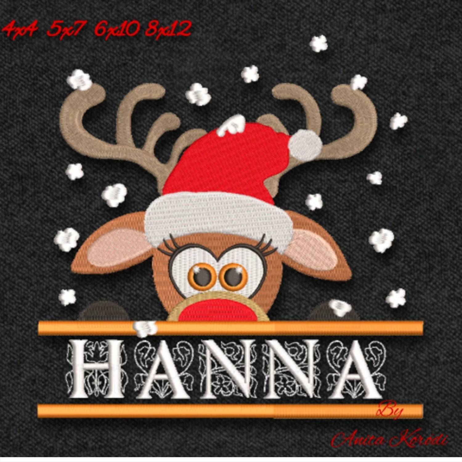 Christmas reindeer split name embroidery design with Santa hat