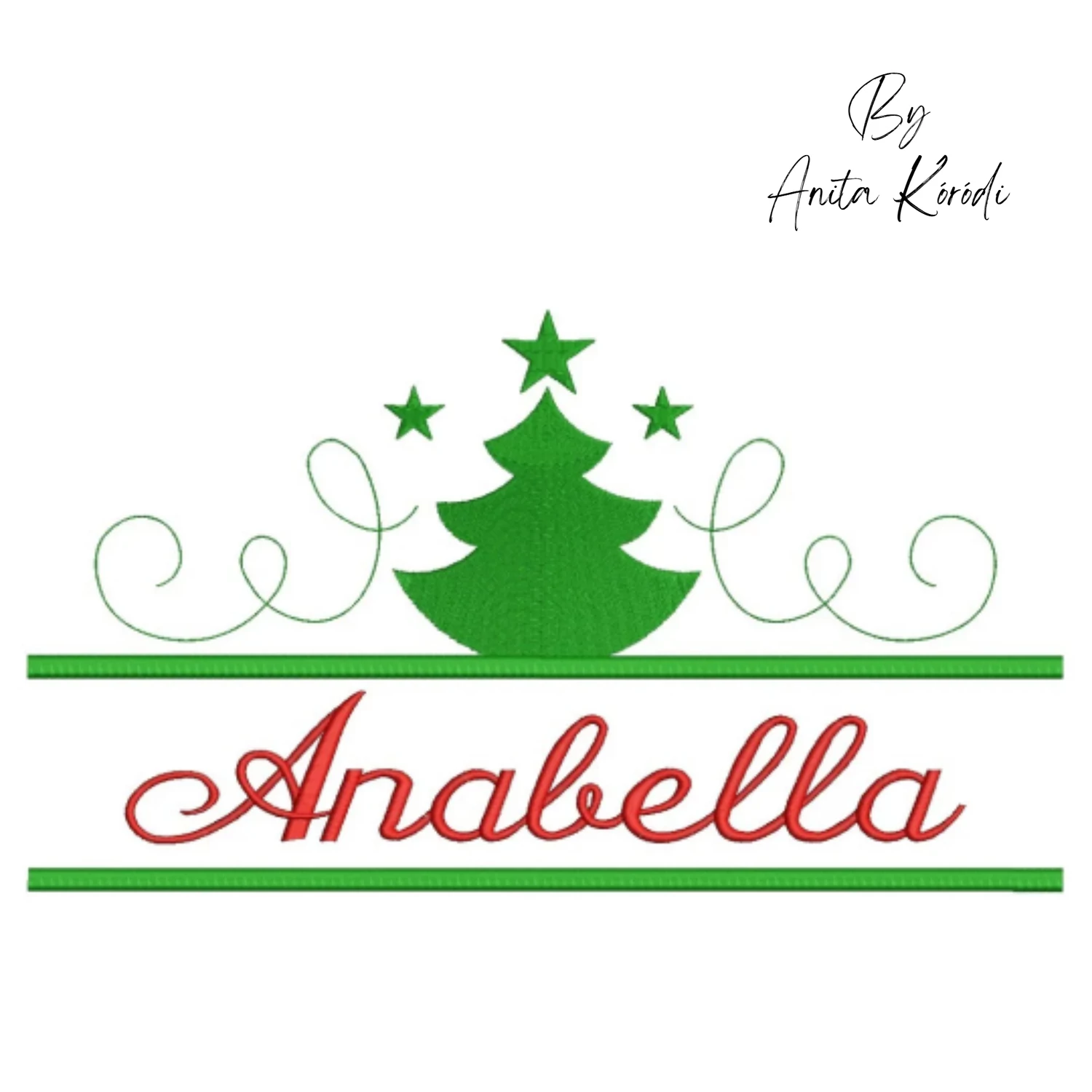 Elegant Christmas tree split embroidery design, perfect for adding your own name or personalized text.