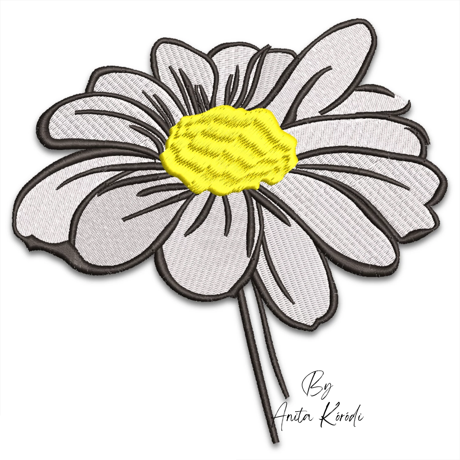 White daisy flower machine embroidery design with yellow center and dark outlines
