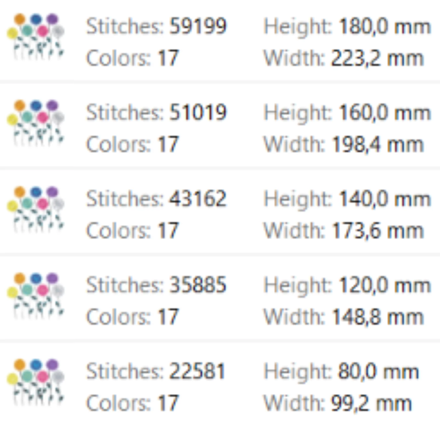 Whimsical floral machine embroidery pattern with yellow, orange, blue, purple, pink, turquoise and white flowers in five sizes