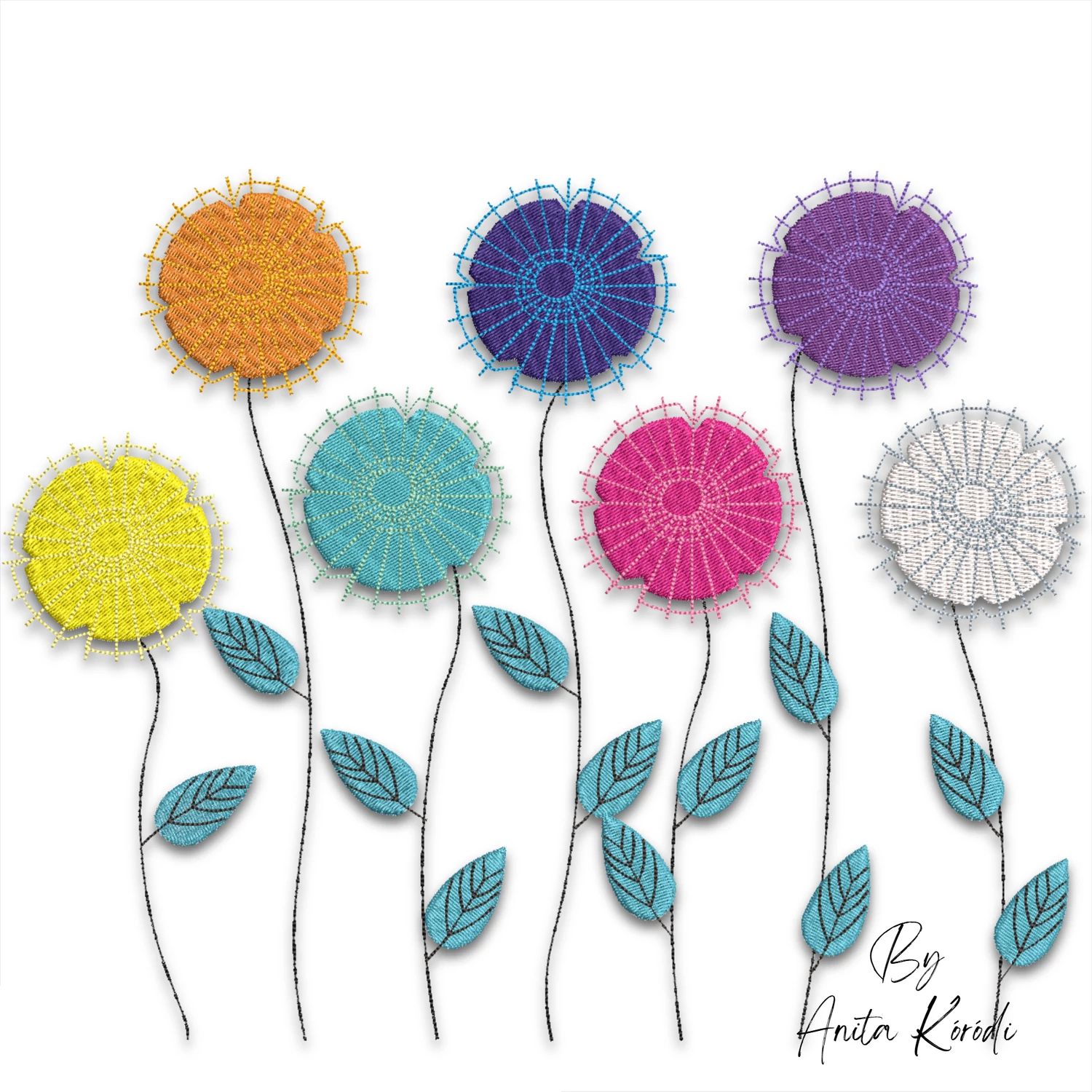 Colorful dandelion flower field machine embroidery design featuring seven round rainbow flowers with turquoise leaves and delicate black stems