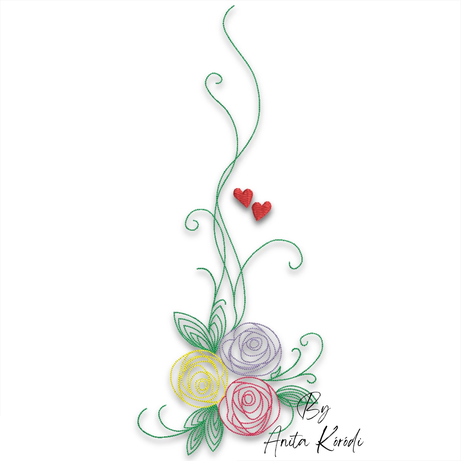 Colorful roses floral corner machine embroidery design with yellow, lavender and pink outline roses, green swirling vines and red hearts