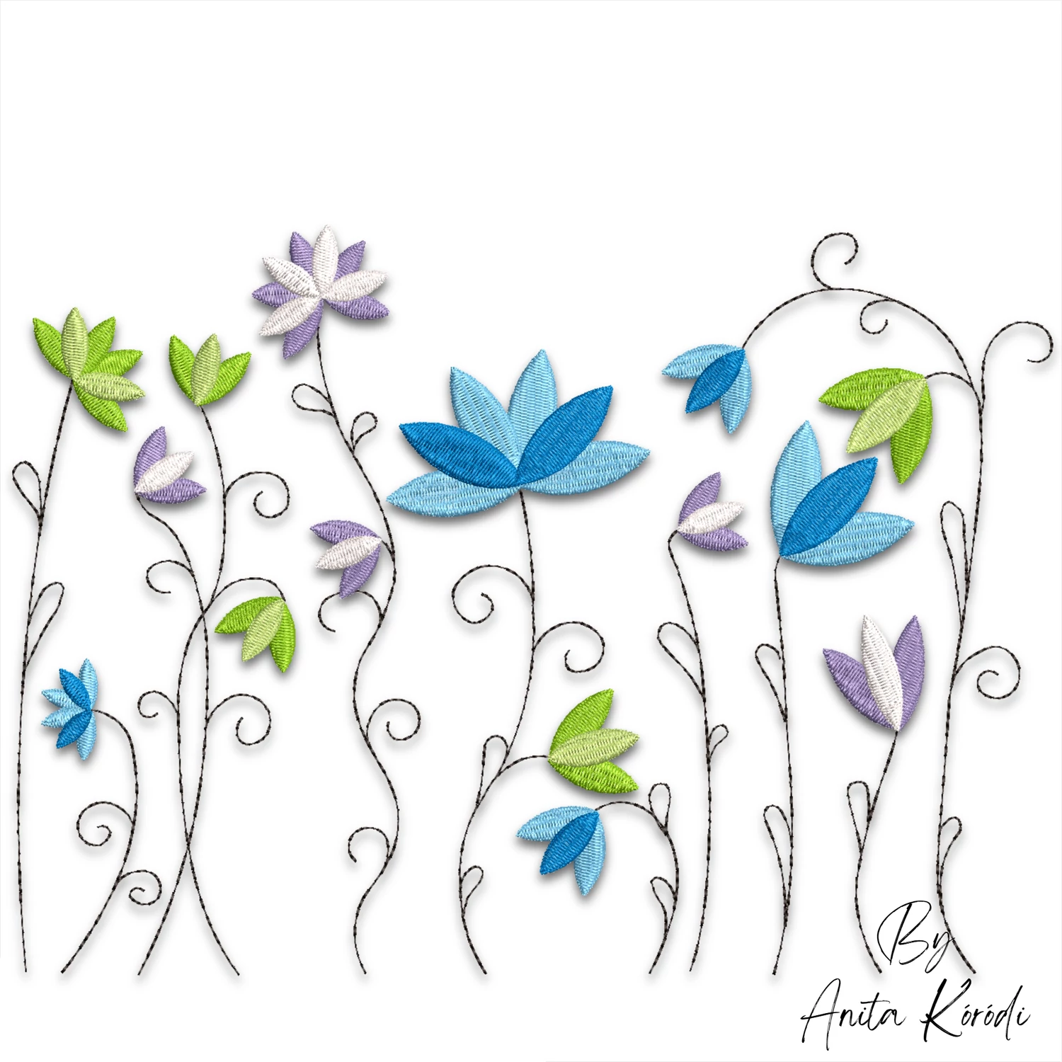 Colorful wildflower garden machine embroidery design featuring blue, lavender, white and green flowers with delicate swirling stems