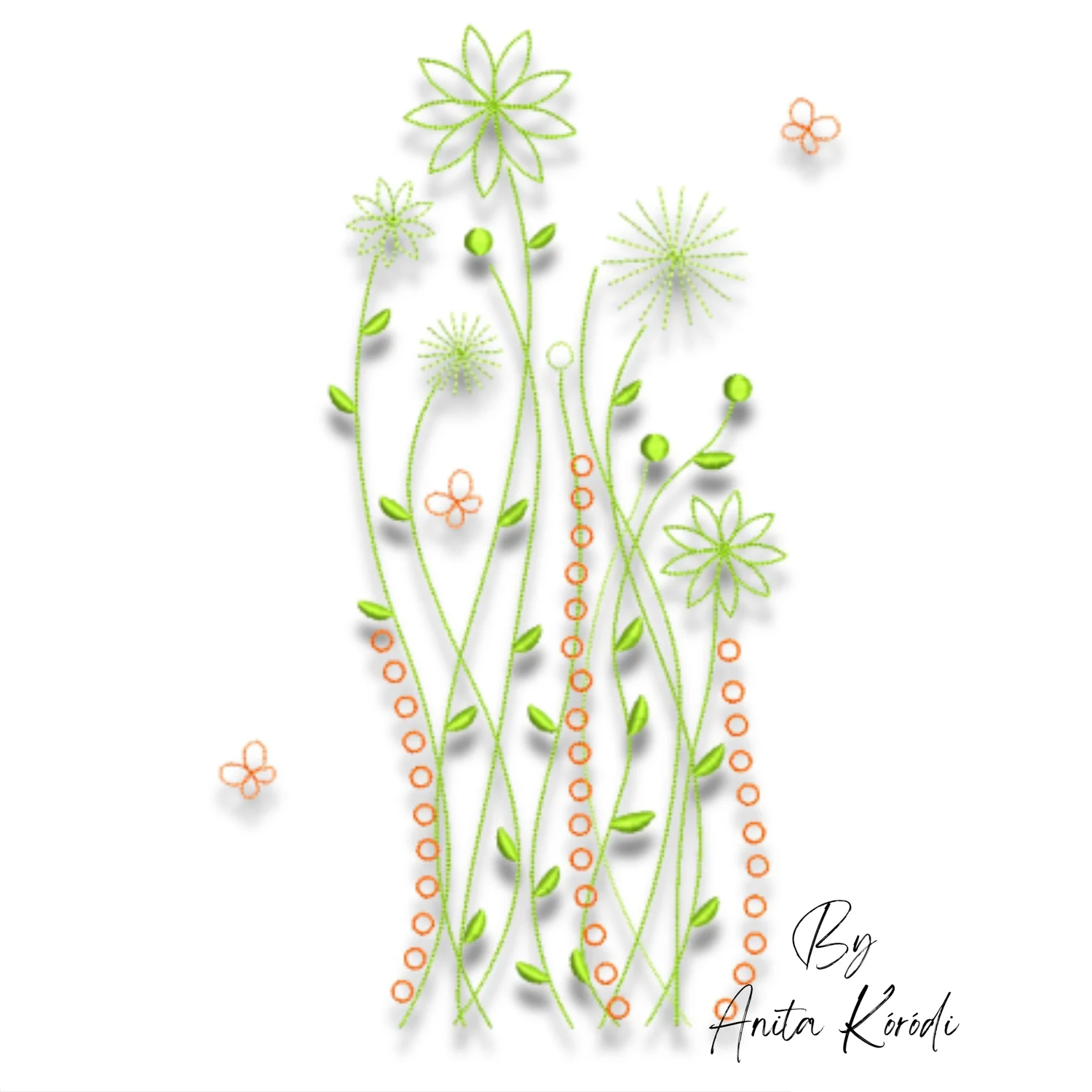 Minimalist wildflower embroidery pattern featuring tall floral stems, delicate leaves and modern meadow flowers