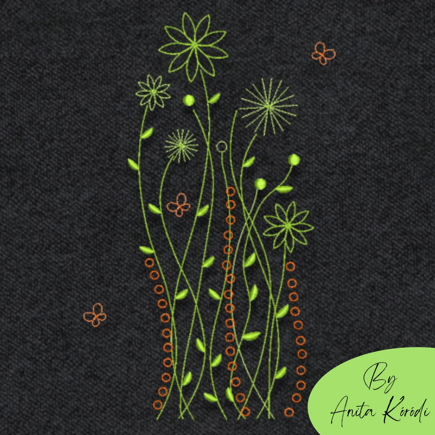 Whimsical wildflower meadow machine embroidery design with green botanical outlines and orange decorative accents
