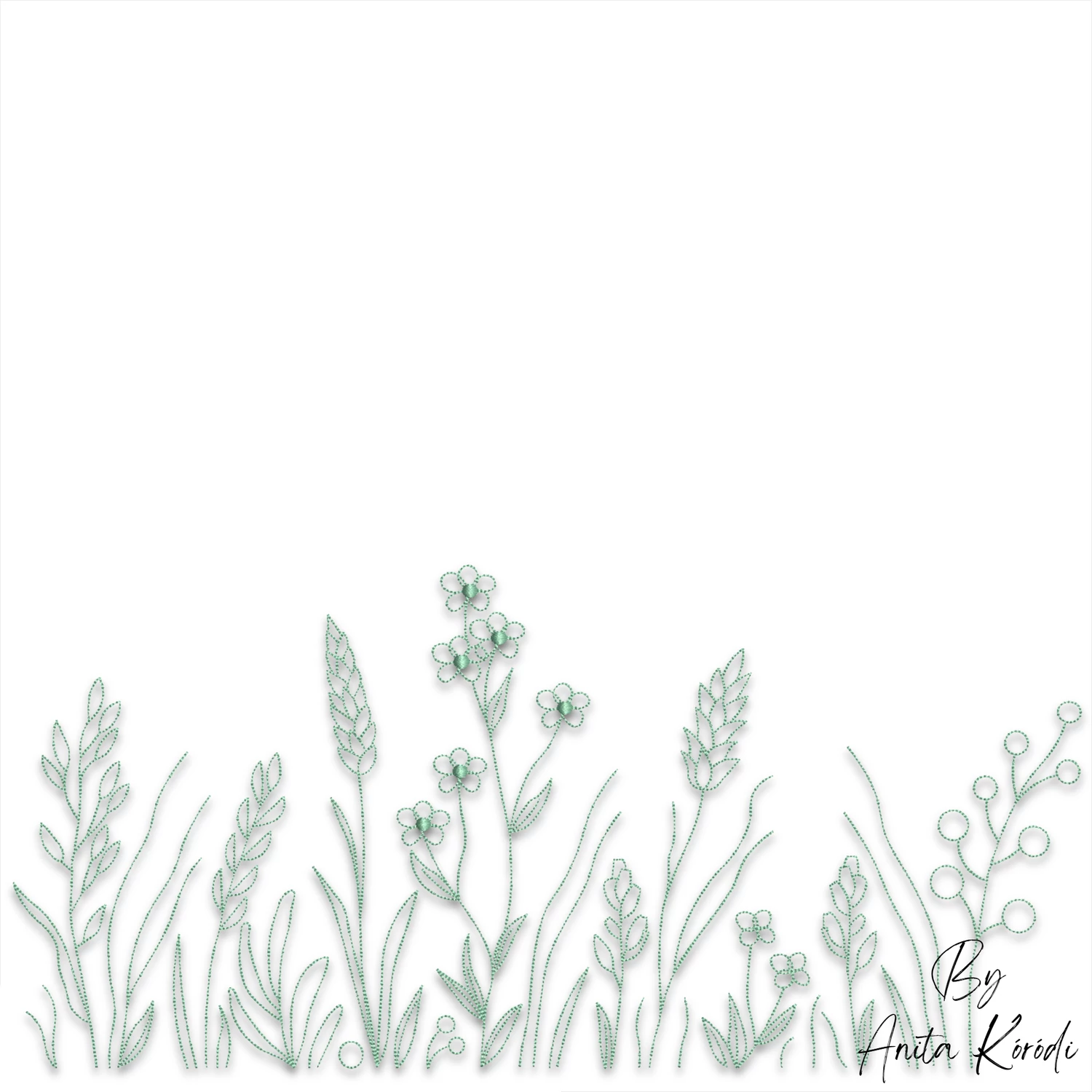 Delicate wildflower meadow outline machine embroidery design with green botanical stems and flowers