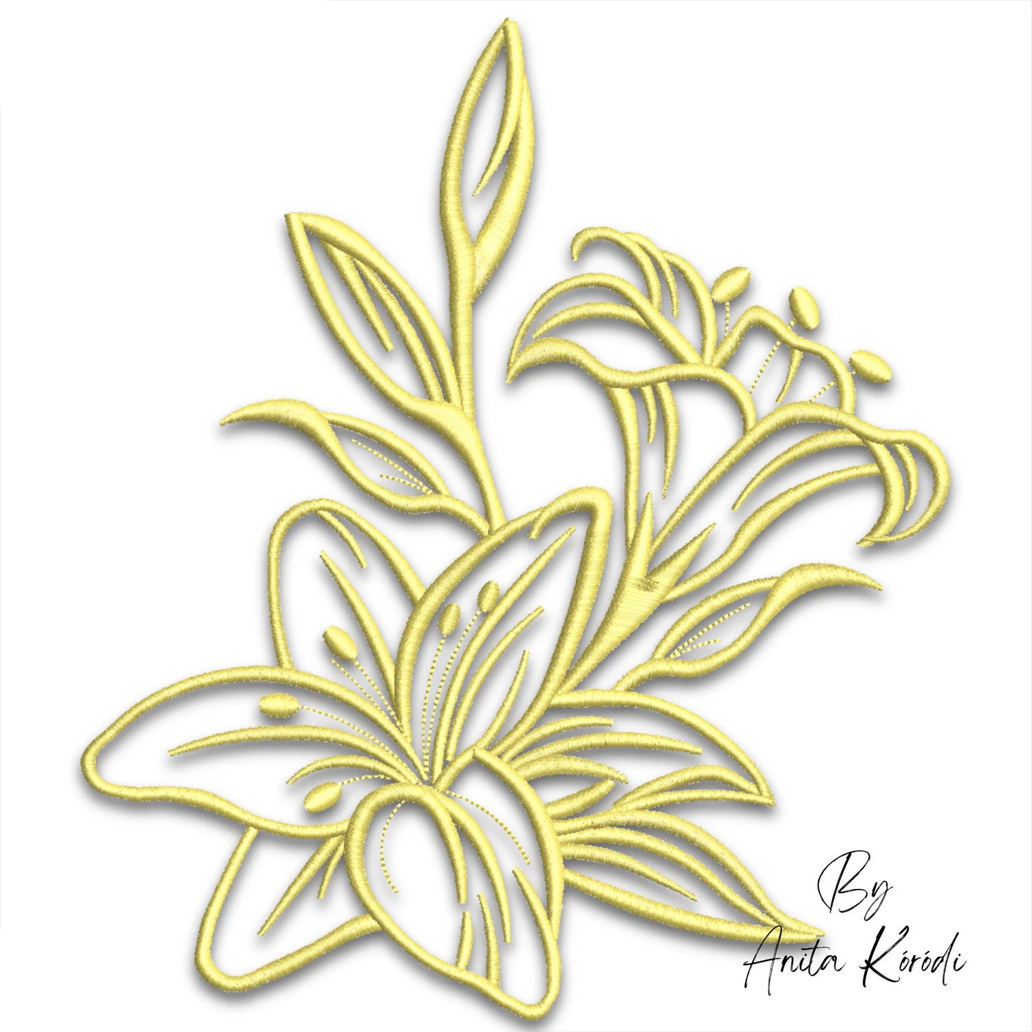 Elegant lily flower machine embroidery design in 4 sizes. Beautiful single-color floral pattern for weddings, Easter, home decor and personalized gifts.