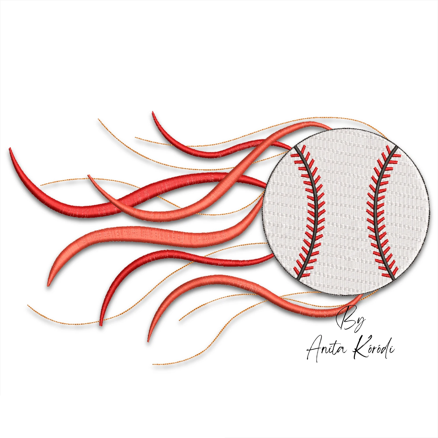 Flaming baseball machine embroidery design with white baseball, red stitching and flowing red and orange flames