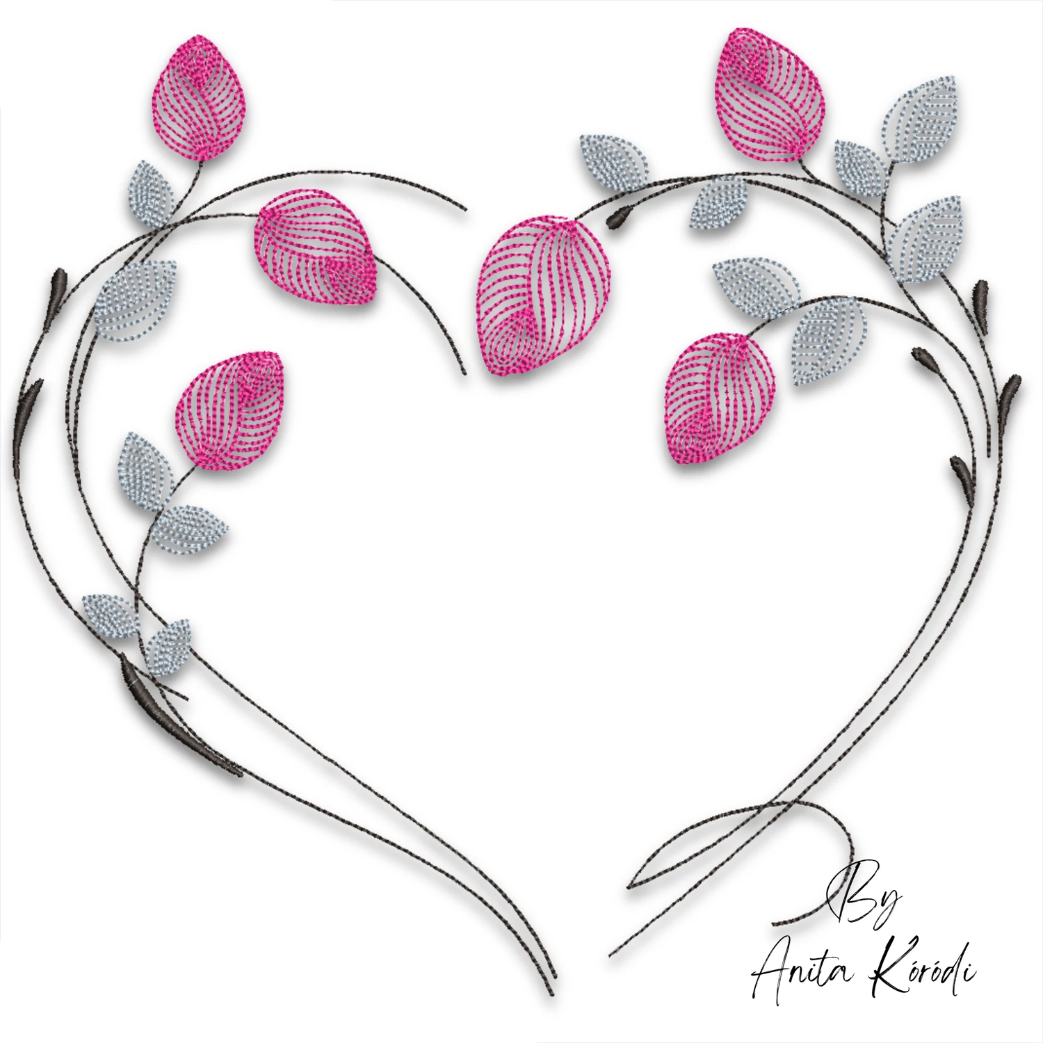 Floral heart frame machine embroidery design with pink flower buds, silver gray leaves and elegant curved branches forming a heart