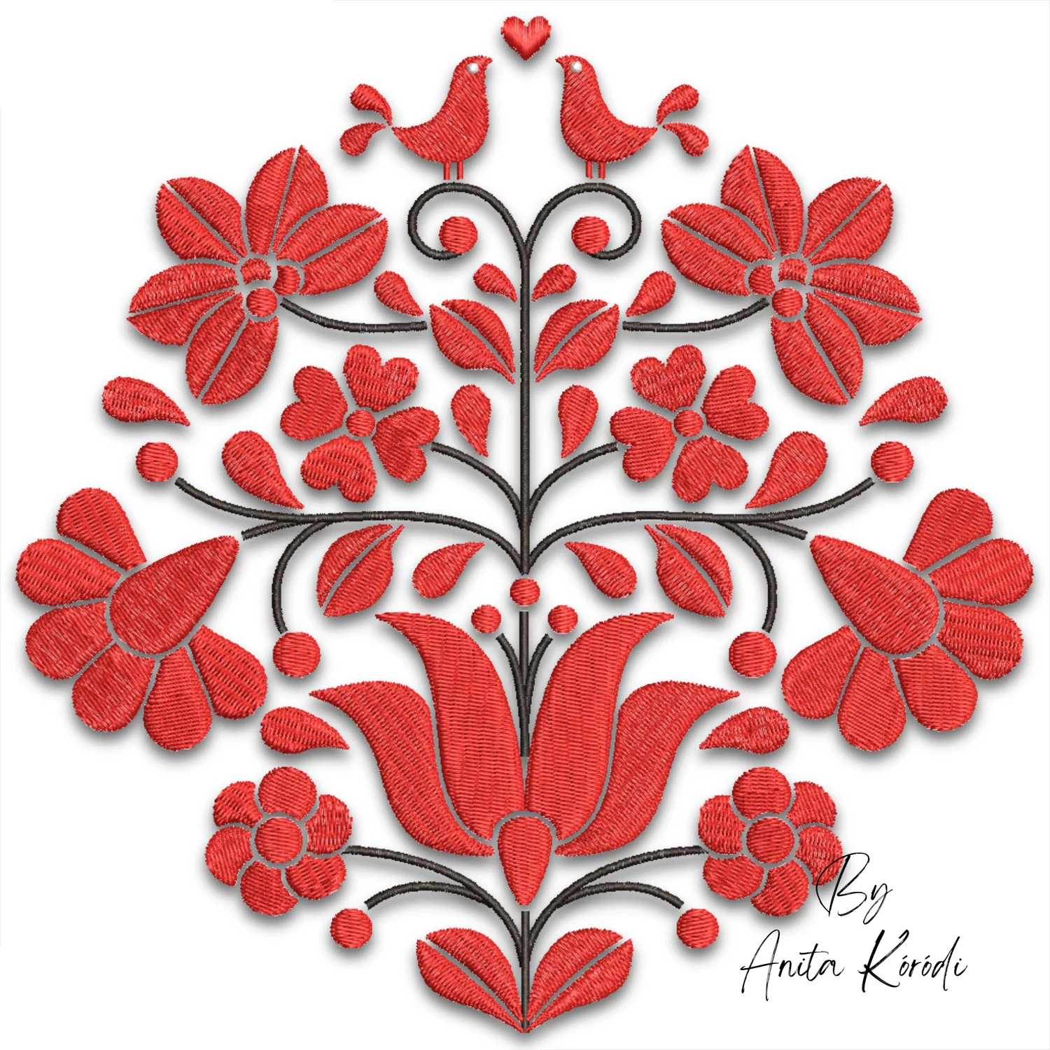 Hungarian folk art floral machine embroidery design with red flowers, decorative tulip, two birds and symmetrical traditional ornament