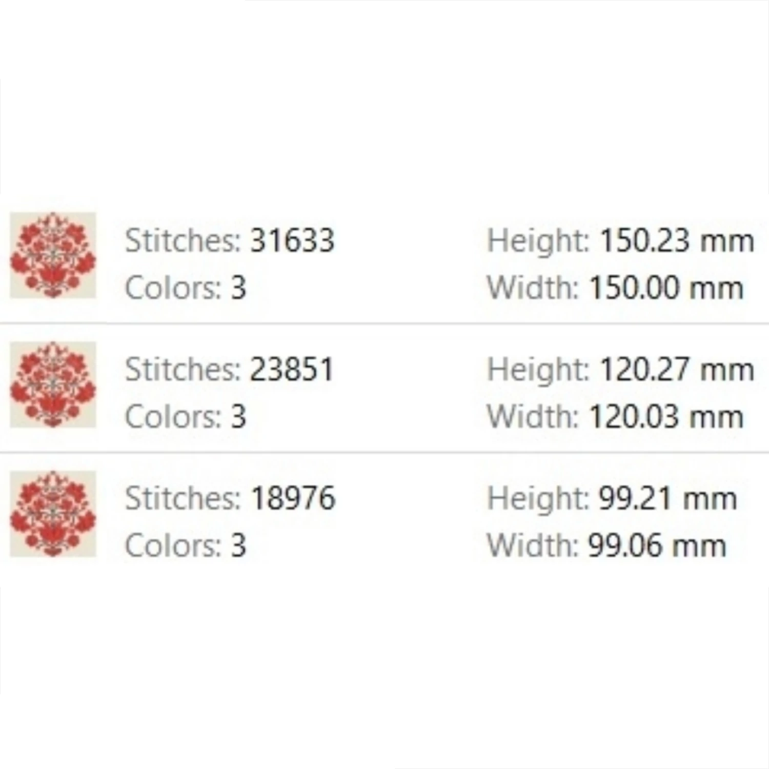 Traditional Hungarian folk-inspired embroidery pattern featuring red floral motifs, dark curved stems and decorative birds in three sizes