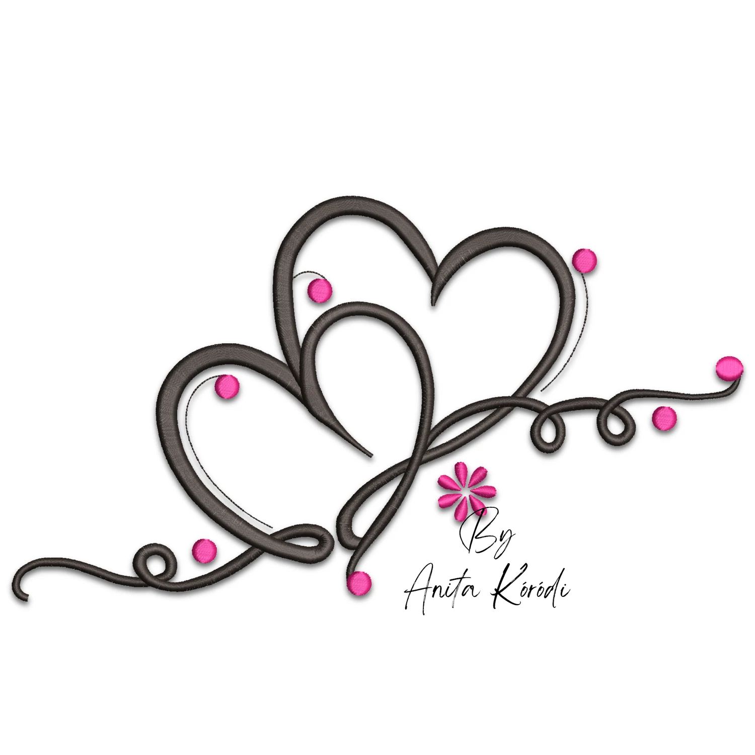 Intertwined hearts machine embroidery design with decorative swirls