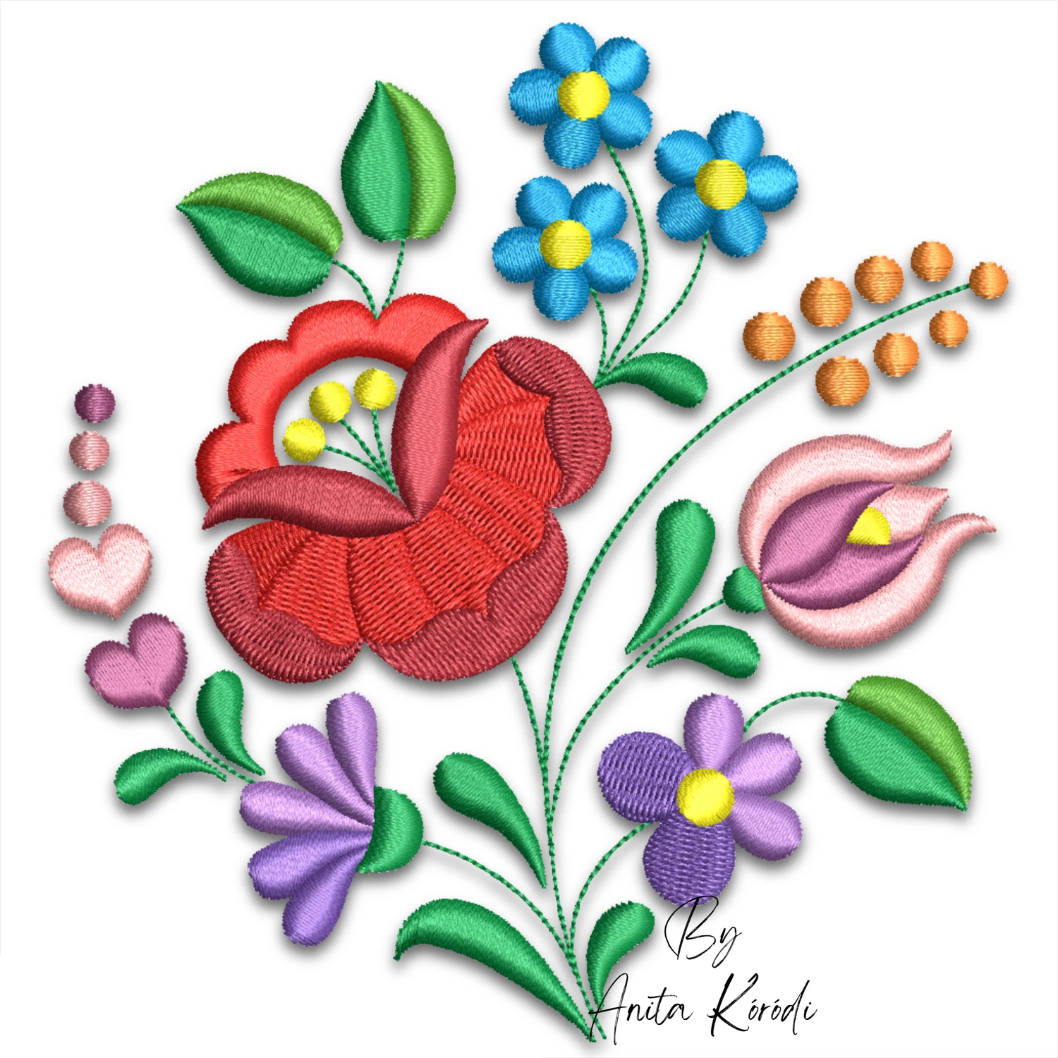 Kalocsa colorful floral bouquet machine embroidery design with red pink blue and purple flowers, green leaves and heart accents